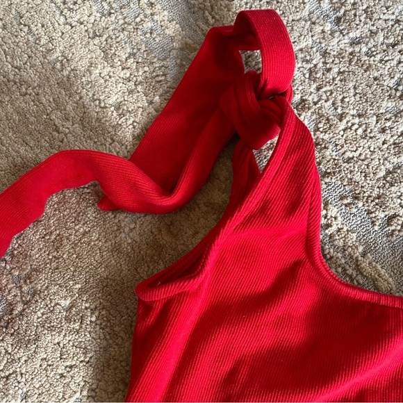 Angel Biba Ribbed Body Suit Tie Shoulder Straps Sleeveless Bright Red: Small - Picture 4 of 10